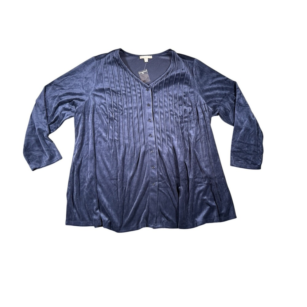 Woman Within Velvet Tunic Top Womens 2X 26 28 Blue Button Front Stretch Soft